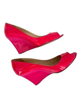 Jimmy Choo Neon Pink Patent Leather Peep Toe Wedge Heels Size 38.5